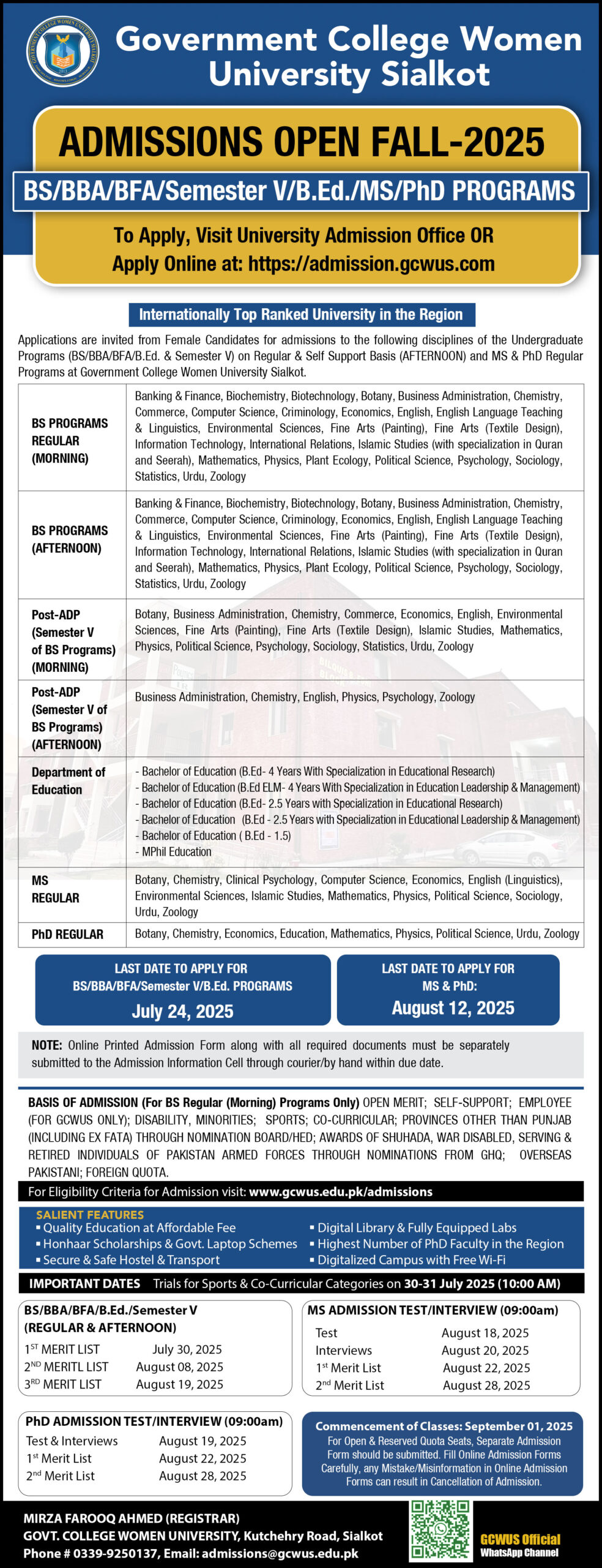 Admissions Open GCWUS for BS, MS & PHD programs